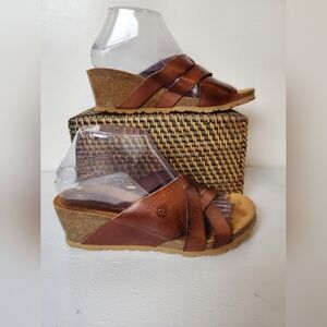 Yokono Brown Leather Boho Coastal Strappy Cork Wedge Sandal
